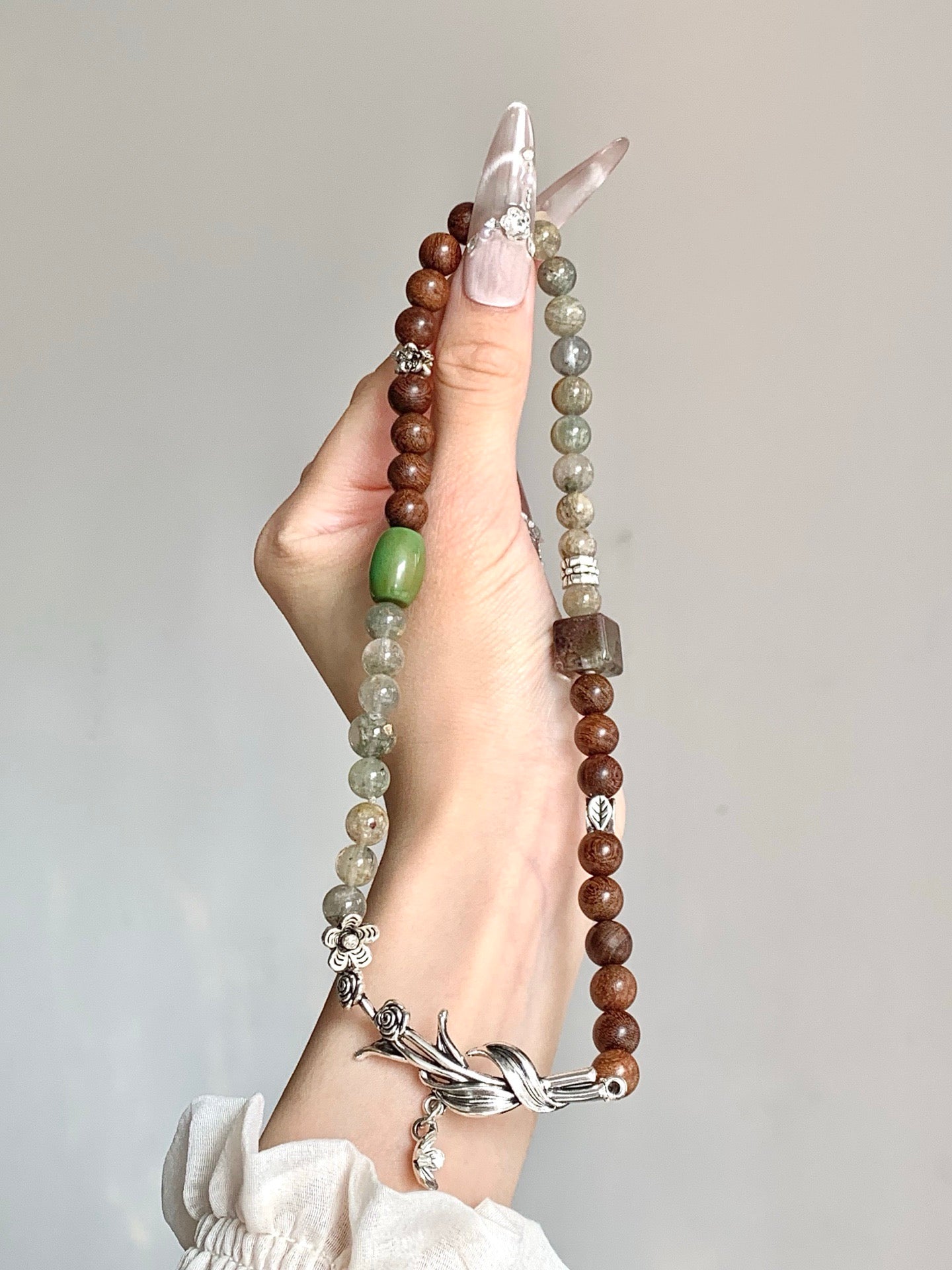 Evergreen – Green Phantom, Sandalwood & Turquoise Crystal Double Bracelet