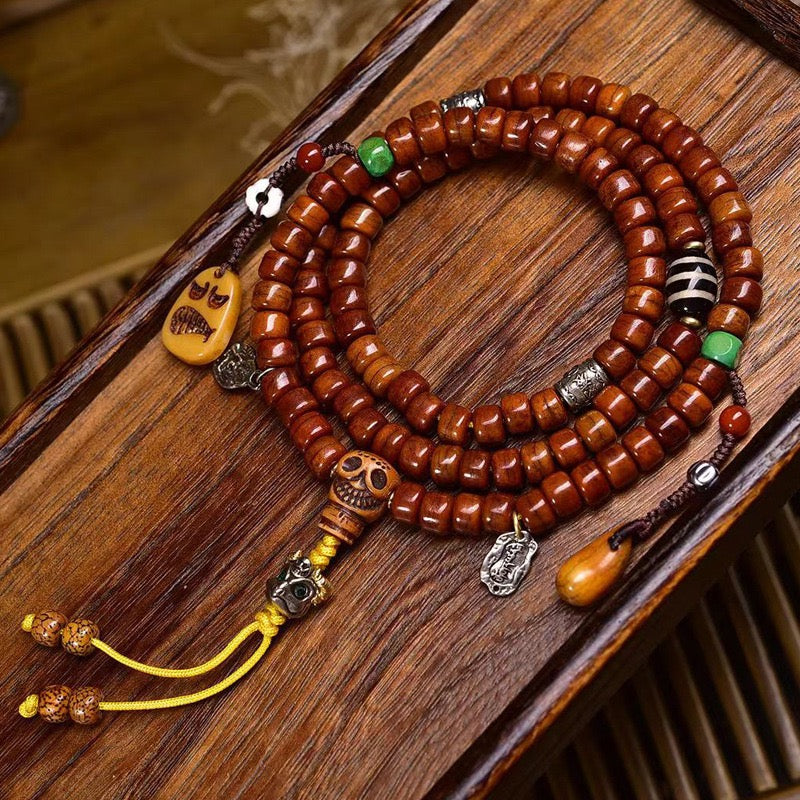 108 Tibetan Yak Bone Mala Beads – Recycled Bone Multi-Layer Prayer Bracelet with Agate Accents