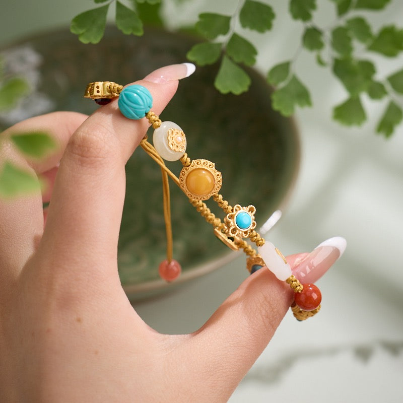 Multi-Gemstone Braided Bracelet | Carnelian, Amber & Turquoise Lotus