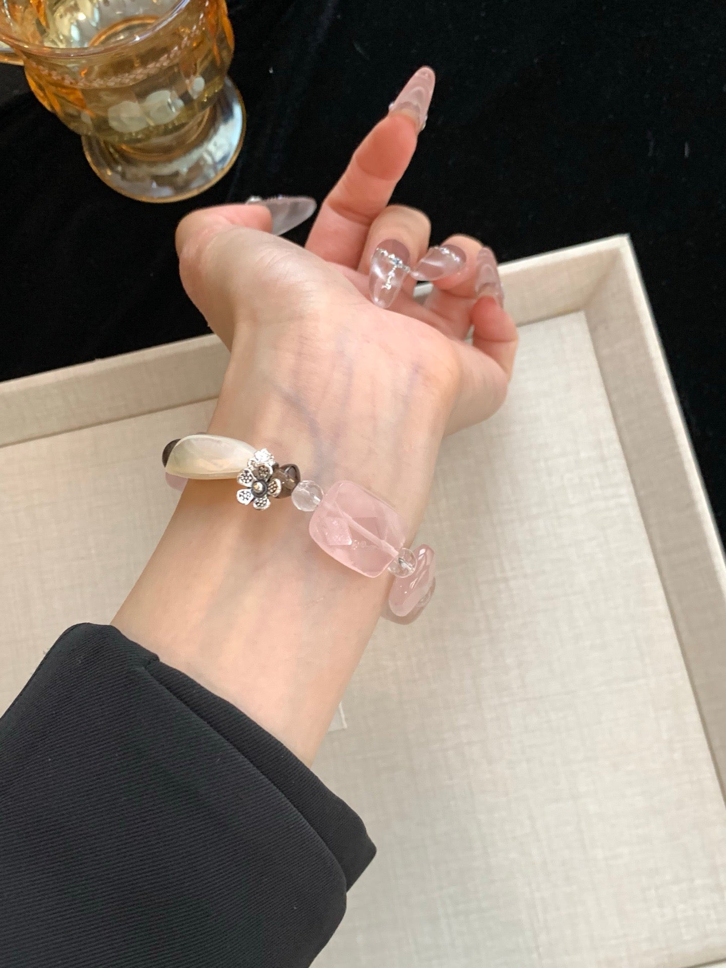 Pink Mailbox – Rose Quartz, Smoky Quartz & Agarwood Crystal Bracelet