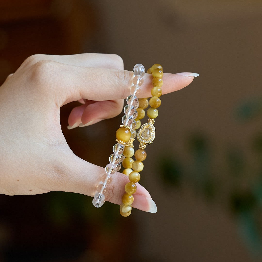 6mm White Crystal & Tiger Eye Double-Layer Bracelet | Gourd or Faceted Citrine Design