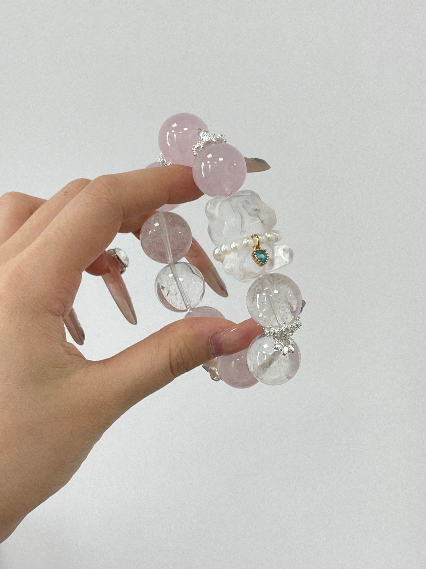 Sweetheart Bear Pendant | Rose Quartz & White Phantom Crystal | 17mm