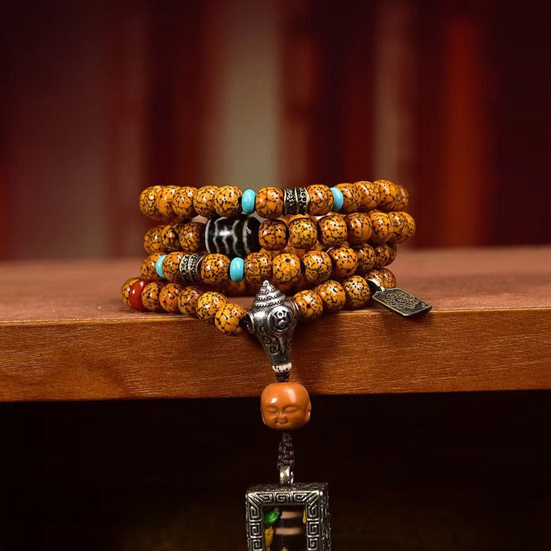 108 Natural Aged Rudraksha Mala Beads – Agate Three-Eye Dzi Pendant for Meditation & Prayer