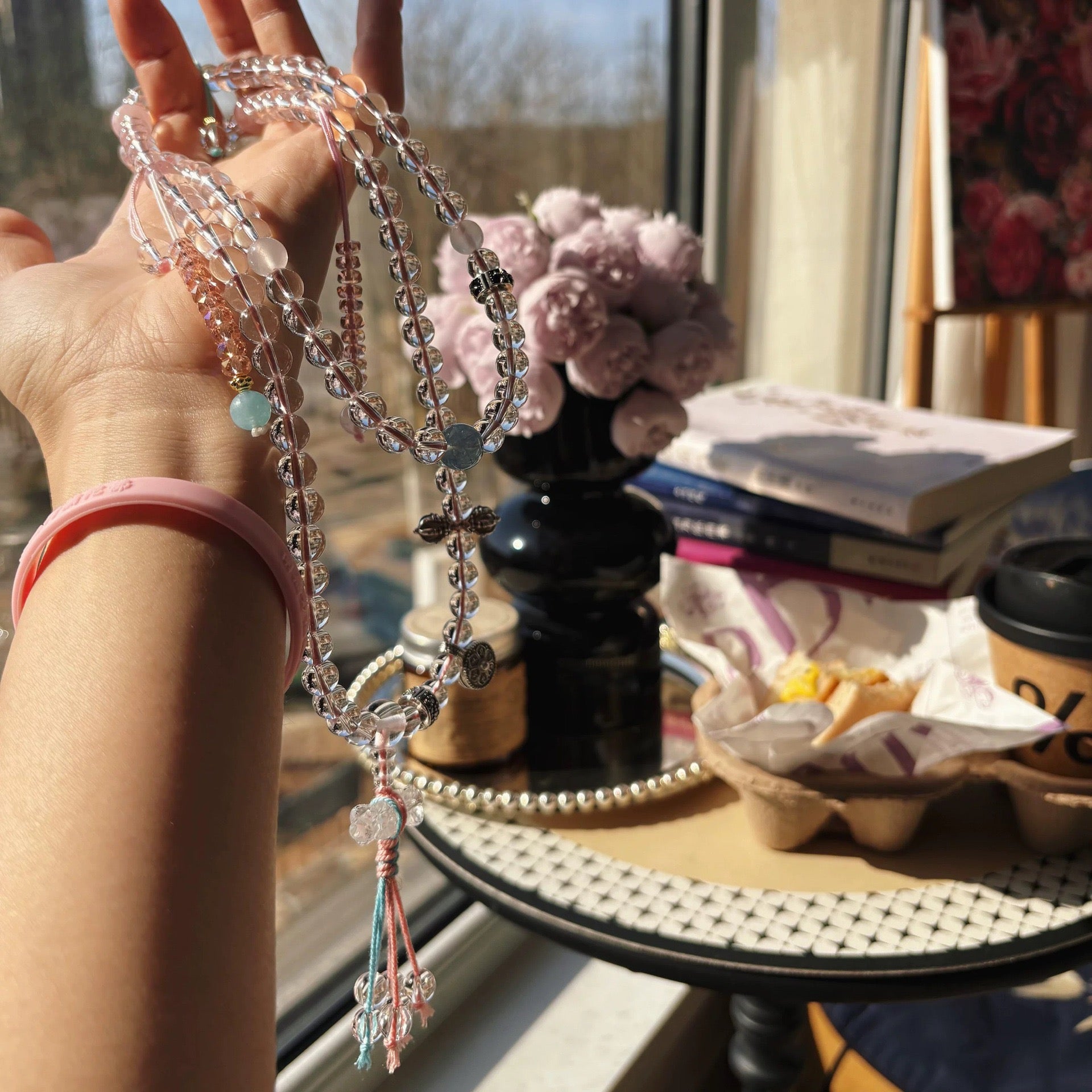 108 White Crystal Mala Beads Necklace – Vajra Prayer Beads & Crystal Bracelet