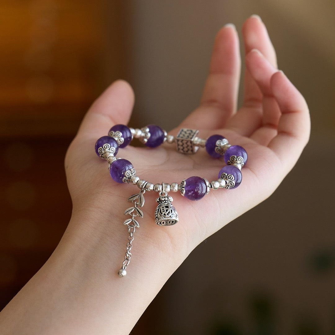 10mm Amethyst Silver-Tone Lucky Bag Bracelet | Leaf & Bell Charm
