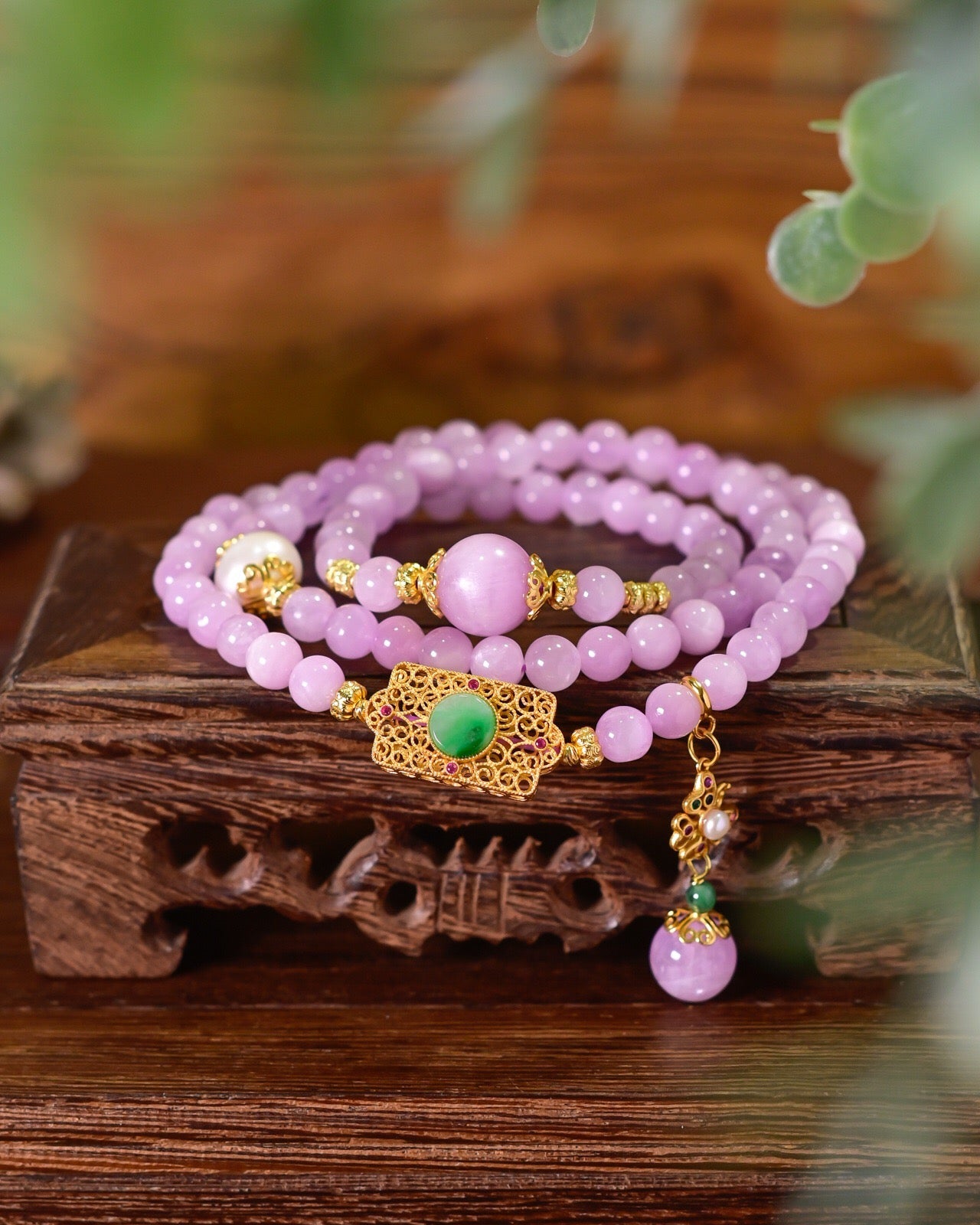 6.3mm Lepidolite 3-Layer Bracelet | Freshwater Pearl with 925 Silver Gold-Plated Jade Pendant