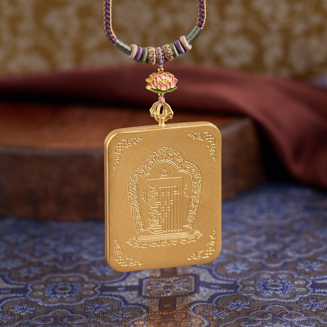 Titanium Frame Gemstone & Mineral Gold-Painted Thangka Necklace with Enamel Lotus (4x5mm, Handmade Cord)
