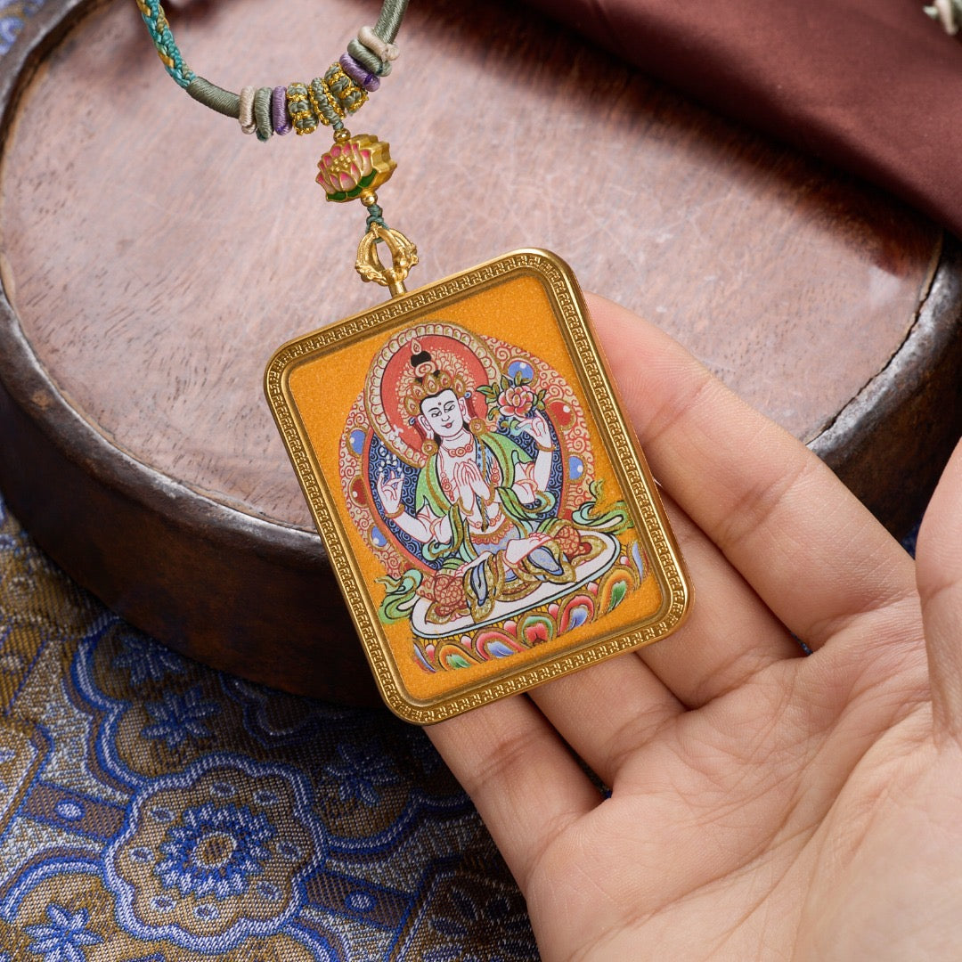 Titanium Frame Gemstone & Mineral Gold-Painted Thangka Necklace with Enamel Lotus (4x5mm, Handmade Cord)