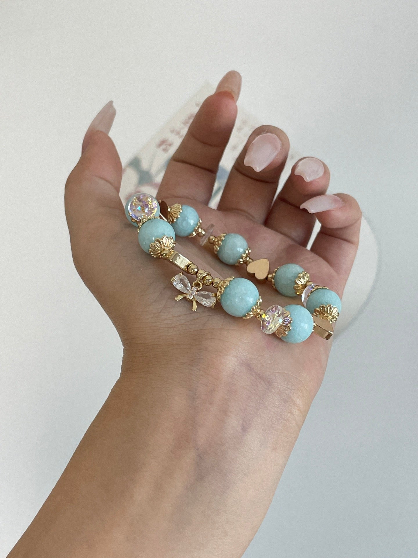 Aquamarine Chalcedony Bracelet | 10mm Beads with Zircon & 14K Gold Plated Copper