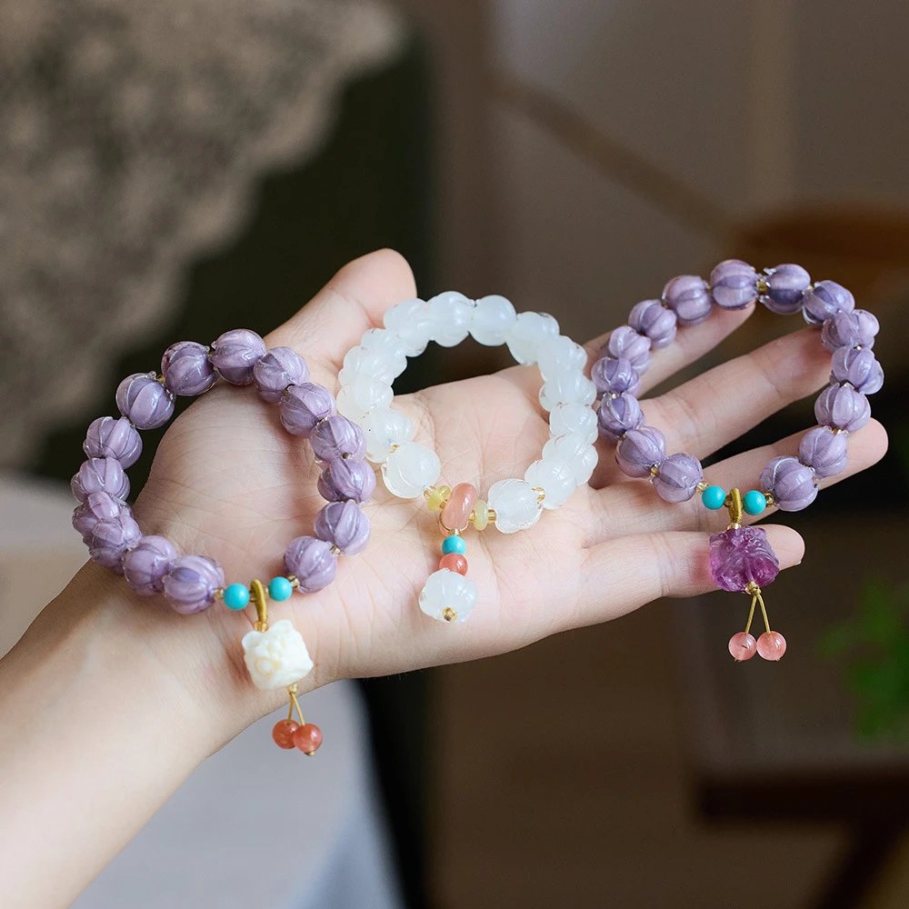 Purple Glass Lotus · Fluorite & Tagua Nut Imitation Guardian Lion Bracelet