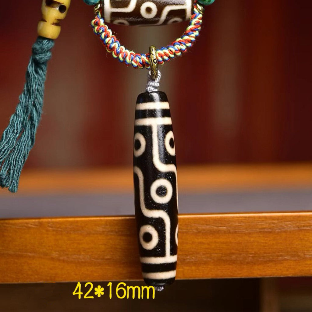 Nine-Eye Dzi Pendant Necklace – Natural Agate Tibetan Prayer Beads with Wealth Dzi, Bone & Turquoise
