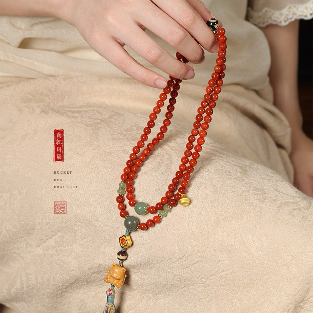 Red Agate 6mm Bracelet /Necklace| Bodhi & Dzi Spacer Beads, Ethnic Buddhist Mala Jewelry for Zodiac Year