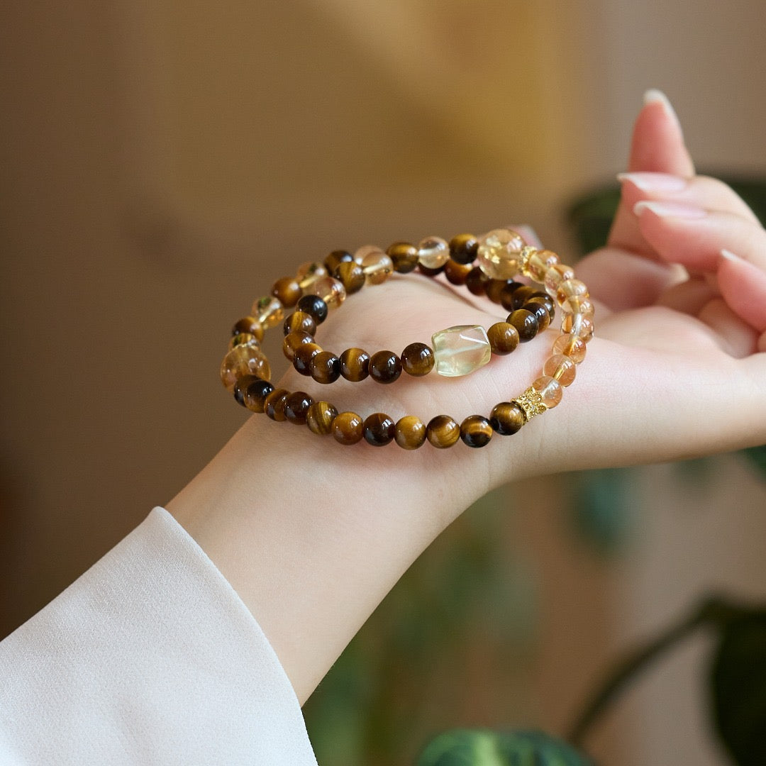 Golden Dawn 2.0 Bracelet | Faceted Citrine, 6mm Yellow Serpentine & Tiger’s Eye Double-Layer
