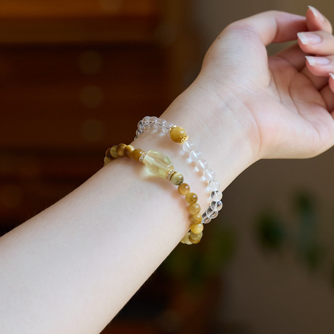 6mm White Crystal & Tiger Eye Double-Layer Bracelet | Gourd or Faceted Citrine Design