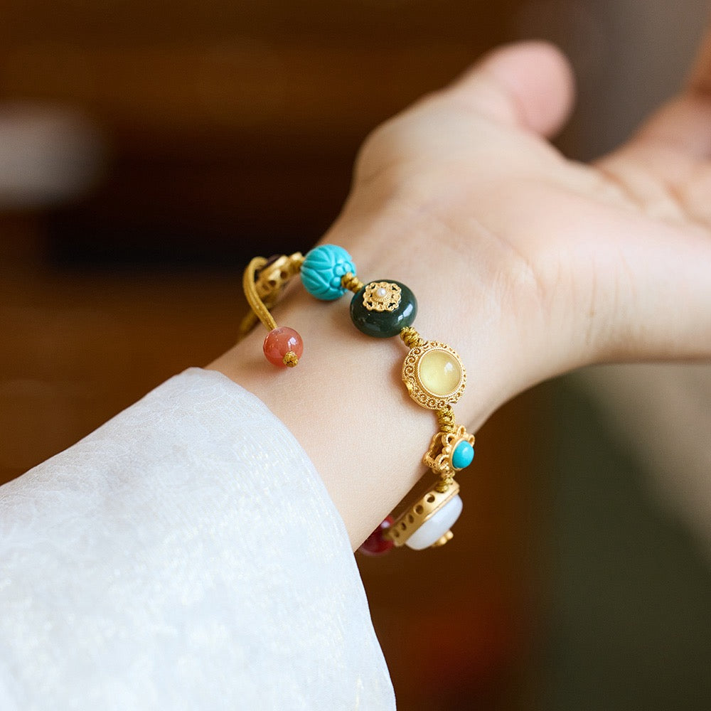 Multi-Gemstone Woven Bracelet | White Jade Flower Edition | Tourmaline, Aquamarine, Garnet & Amber with 925 Silver Charms