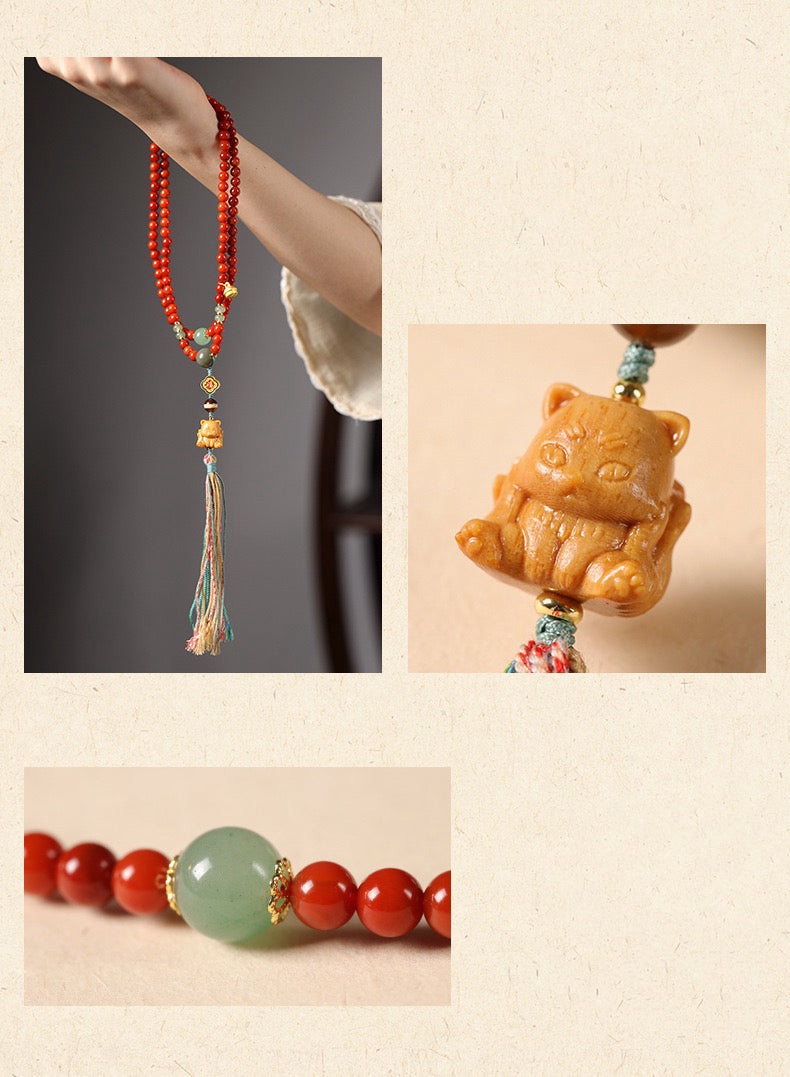 Red Agate 6mm Bracelet /Necklace| Bodhi & Dzi Spacer Beads, Ethnic Buddhist Mala Jewelry for Zodiac Year