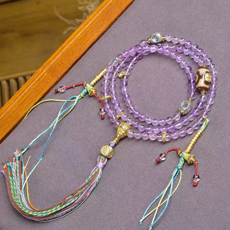 Natural 5.5mm Amethyst 108 Beads Necklace with Pixiu, Clear Quartz, Dzi & Turquoise