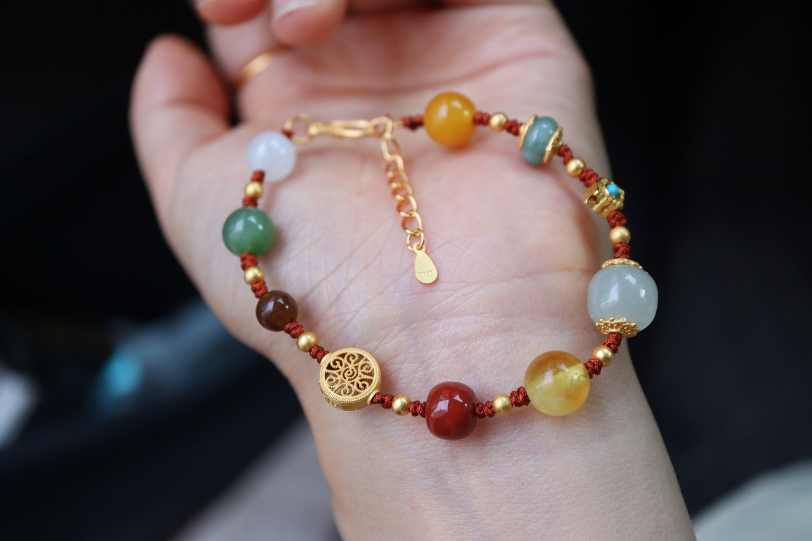 Hetian Jade Multi-Gemstone Bracelet | Perfect Ten Woven Design with Amber, Agate & 925 Gold-Plated Charms