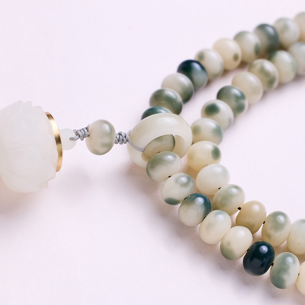 108-Bead White Jade Bodhi Necklace | Floral Pattern & Luminous Stone Lotus Charm