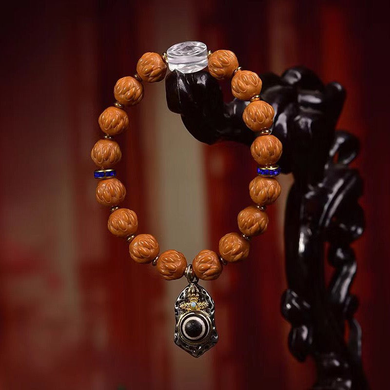 Natural Bodhi Seed Bracelet | Carved Monkey Head Prayer Beads with Silver Inlay, Agate & Clear Quartz Accent