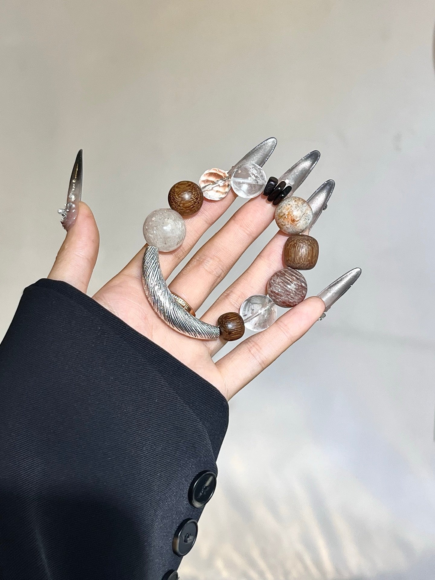 “Moon&Wood” Bracelet | Agarwood, White Quartz & Multi-Layer Phantom Quartz 12–15mm