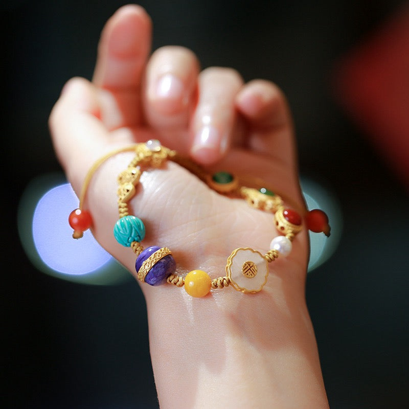 Luxury Multi-Gemstone Woven Bracelet | Jade, Amber, Pearl & Opal with 925 Silver Charms – Perfect Gift