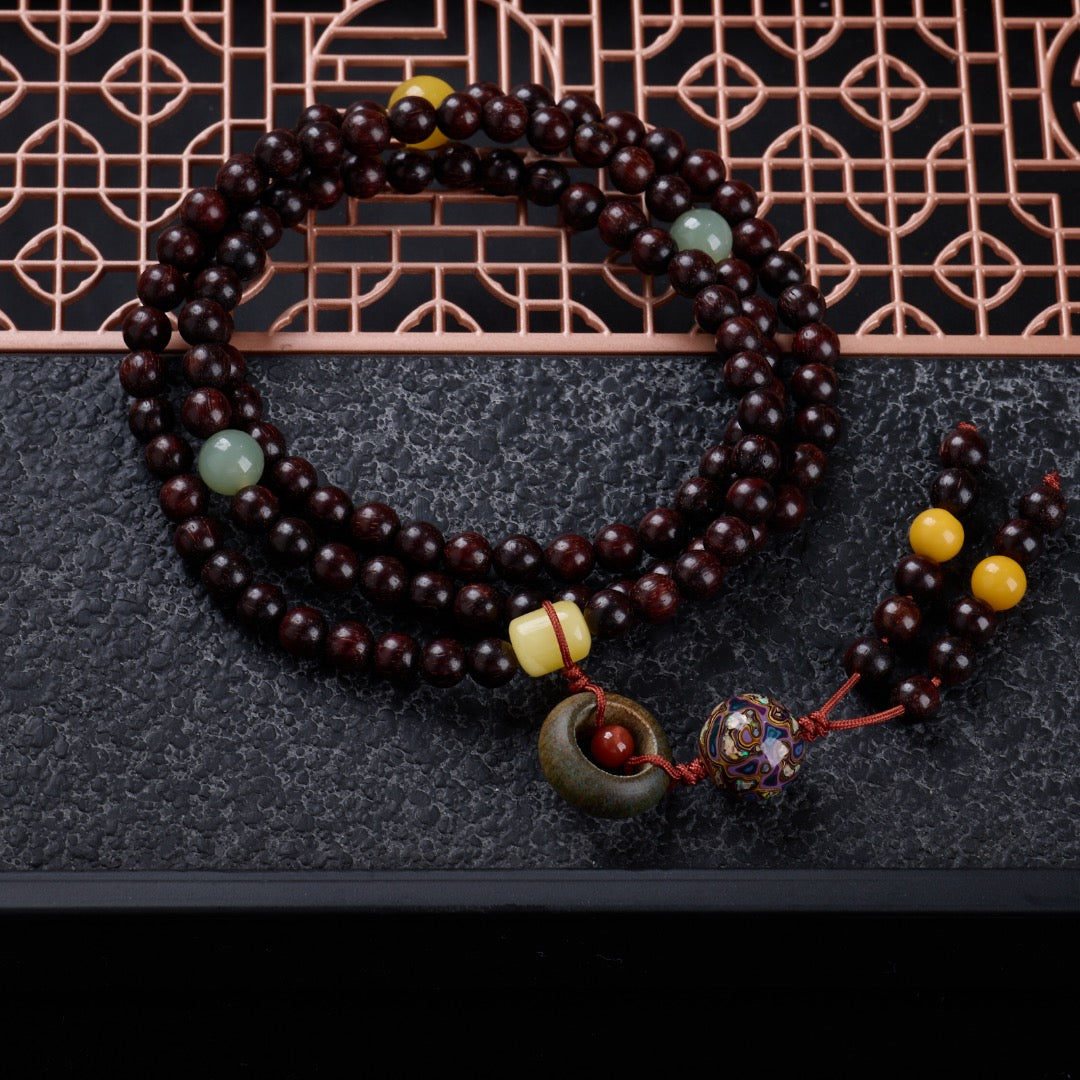 小叶紫檀6mm念珠108颗搭配蜜蜡| Pterocarpus santalinus 6mm 108-bead designed Buddhist prayer beads