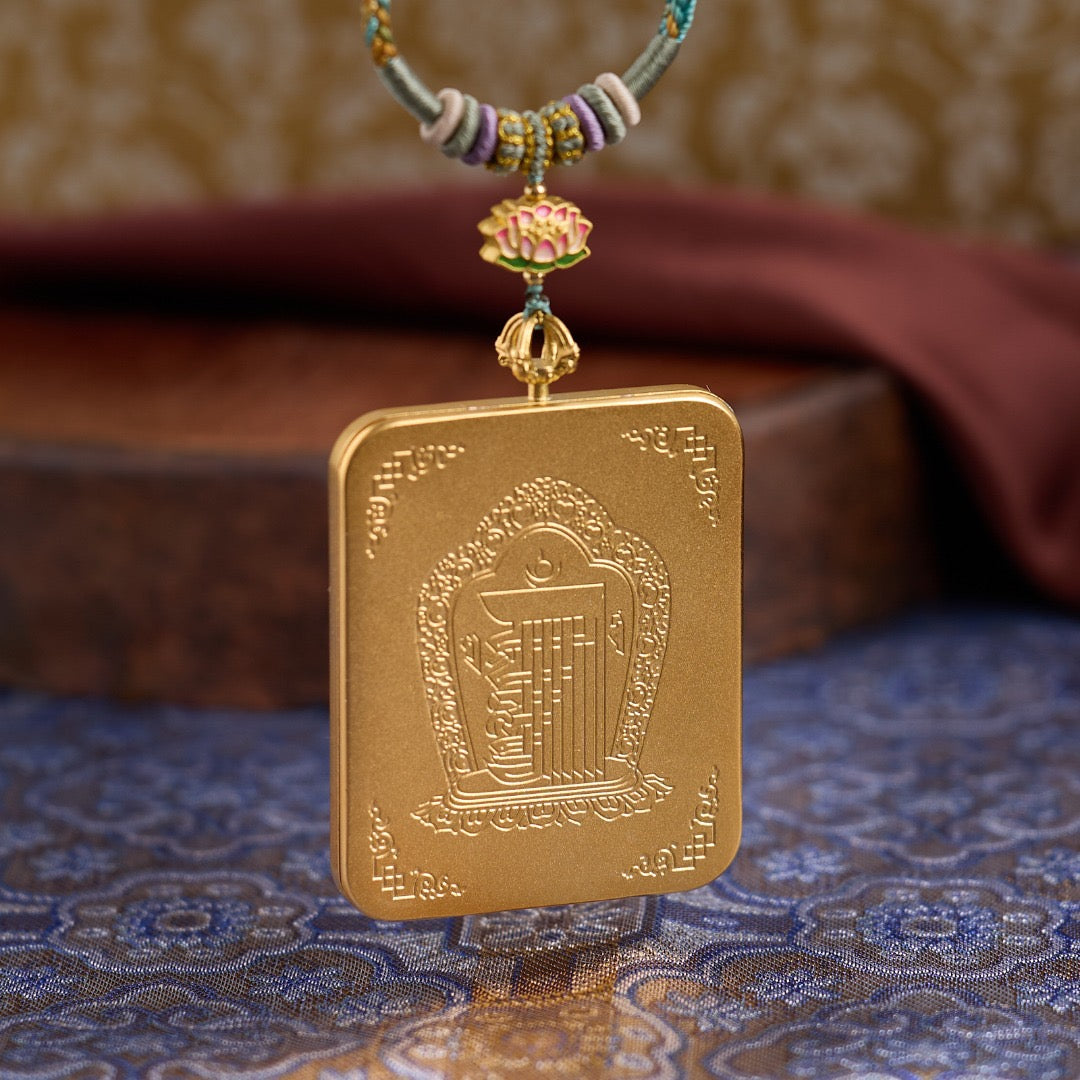Titanium Frame Gemstone & Mineral Gold-Painted Thangka Necklace with Enamel Lotus (4x5mm, Handmade Cord)
