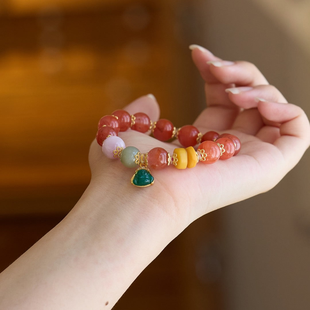 10mm Cherry Red Agate & Green Agate Maitreya Bracelet