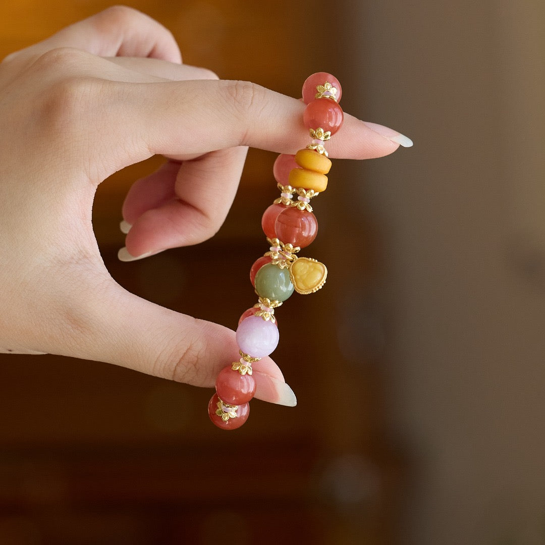 10mm Cherry Red Agate & Green Agate Maitreya Bracelet