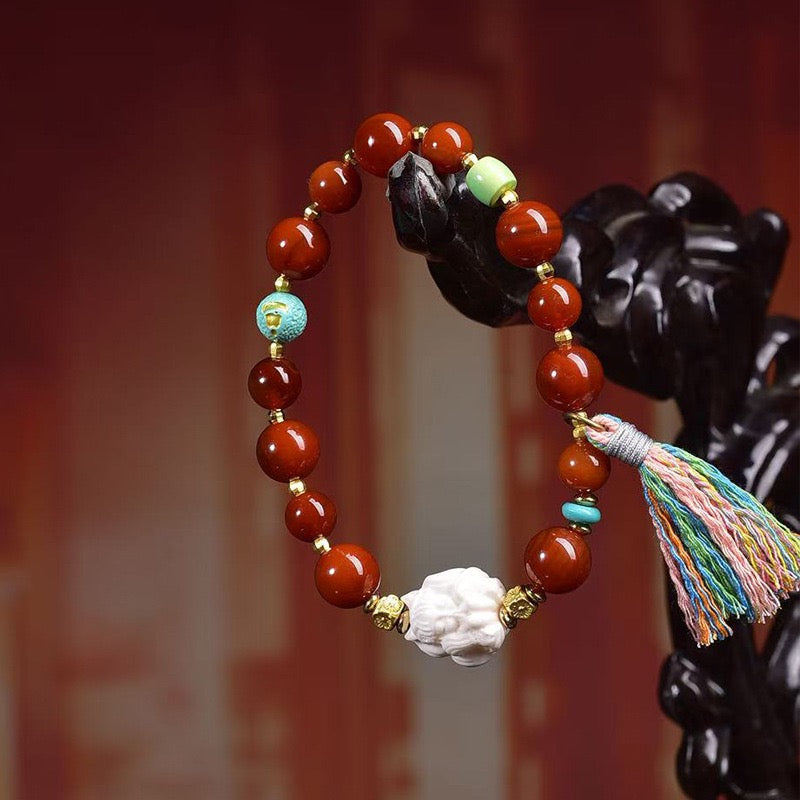 Agate Red 10mm Bead Bracelet – Single Strand with Rose Quartz & Turquoise Accents