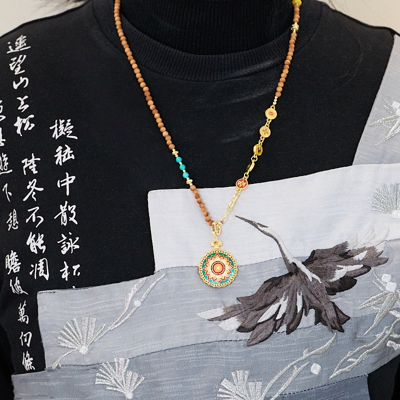 Handcrafted Sandalwood & Hetian Jade Mandala Necklace | Spiritual Thangka-Inspired Design