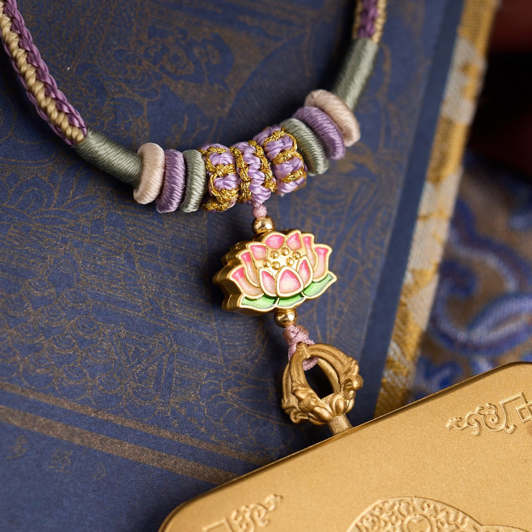 Titanium Frame Gemstone & Mineral Gold-Painted Thangka Necklace with Enamel Lotus (4x5mm, Handmade Cord)