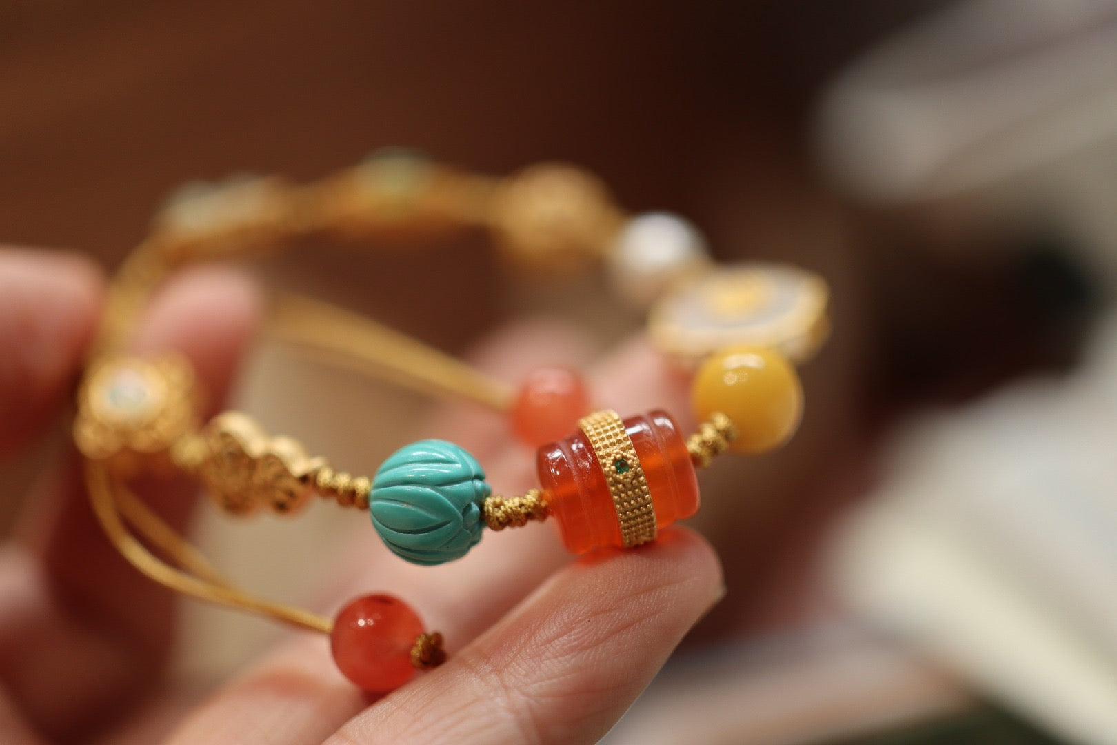 Multi-Gemstone Woven Bracelet | Baoshan Ice Red Agate, Jade, Pearl & Amber with 925 Silver Charms