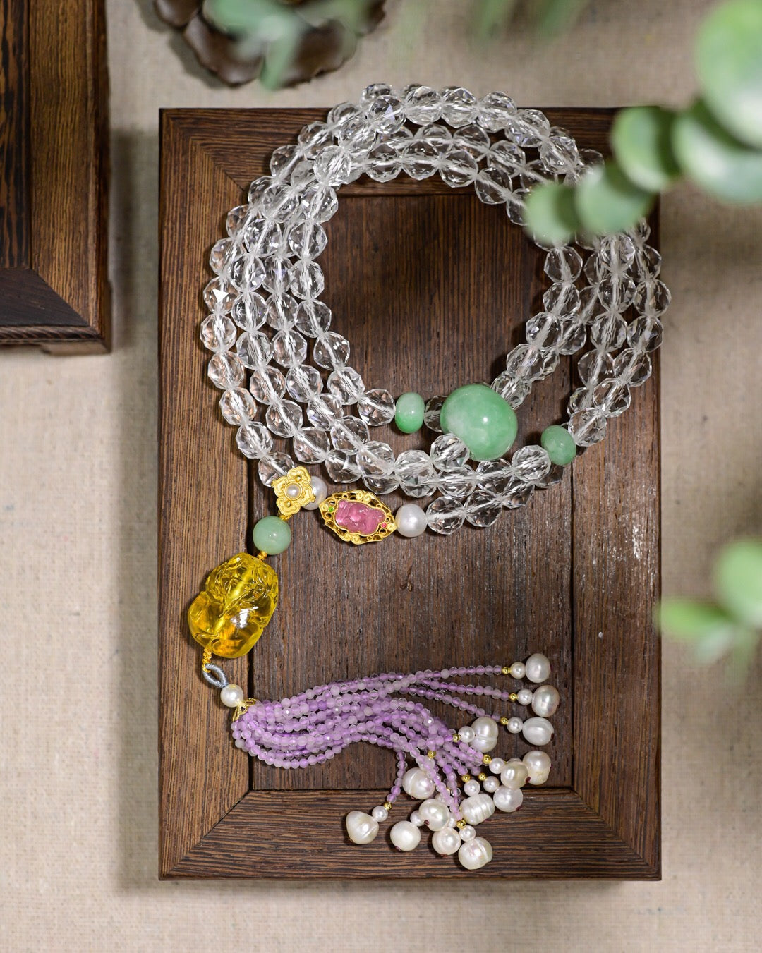 Natural White Crystal 108 Beads Necklace & Bracelet | 8mm Faceted Crystals with Jade Apple Bead, Amber Pixiu & Tassel