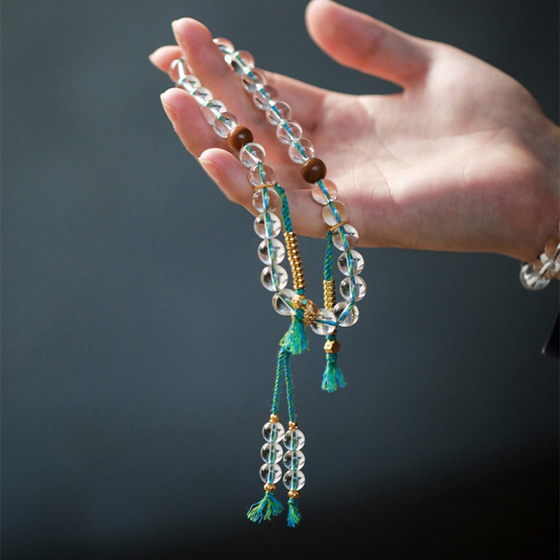 Natural Brazilian Clear Quartz 10 mm Beaded Bracelet | New-Chinese Style Prayer Mala, Handheld Buddhist Strand