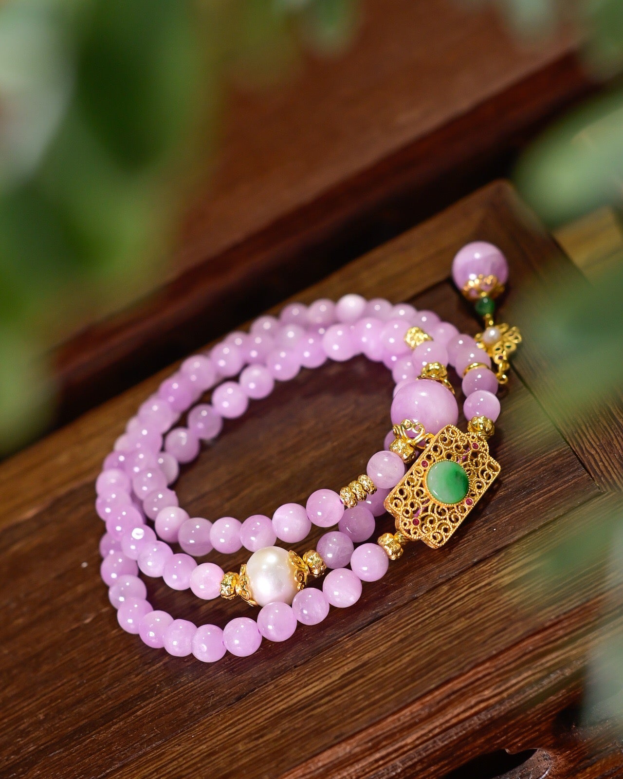 6.3mm Lepidolite 3-Layer Bracelet | Freshwater Pearl with 925 Silver Gold-Plated Jade Pendant