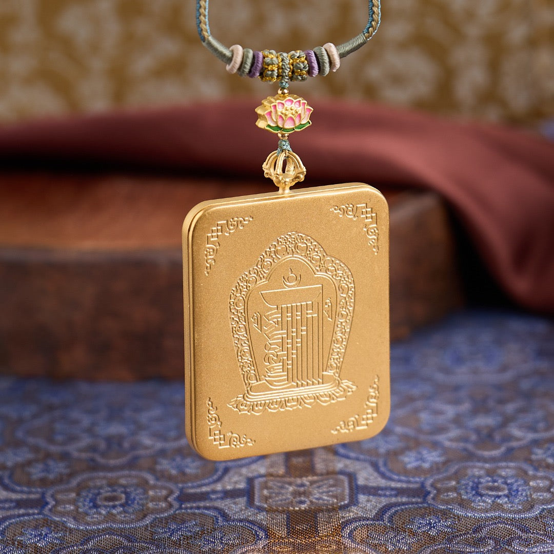 Titanium Frame Gemstone & Mineral Gold-Painted Thangka Necklace with Enamel Lotus (4x5mm, Handmade Cord)