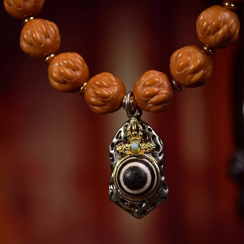 Natural Bodhi Seed Bracelet | Carved Monkey Head Prayer Beads with Silver Inlay, Agate & Clear Quartz Accent