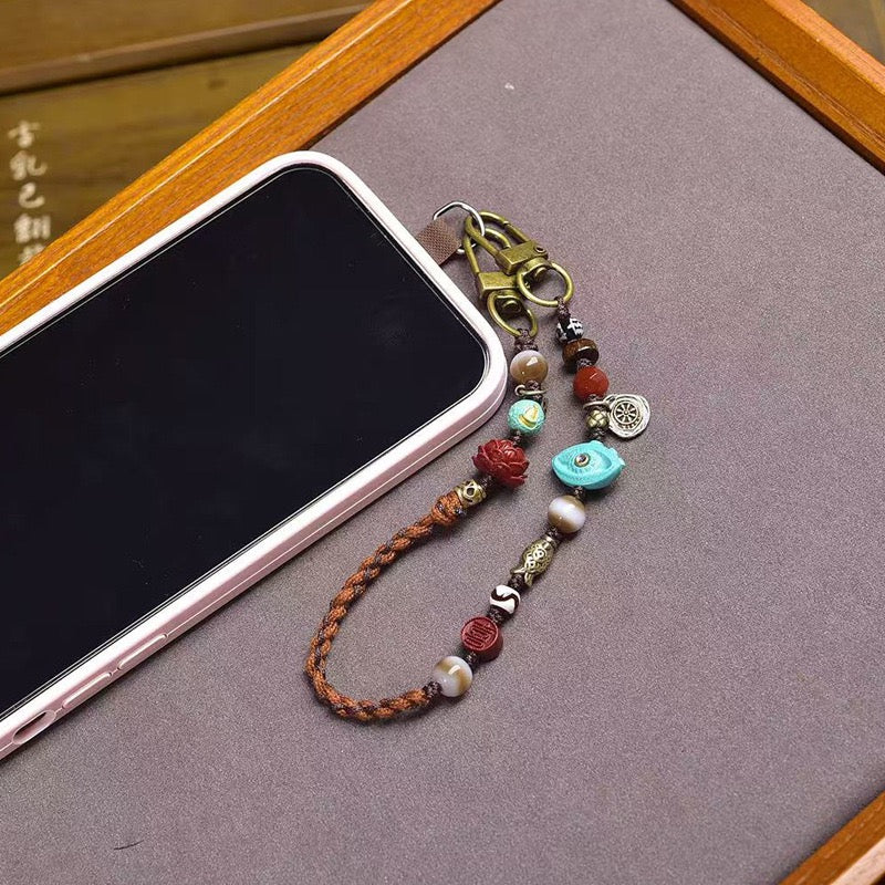 Handmade Woven Phone Charm | Turquoise, Cinnabar, Agate & Dzi Bead with Buddha and Bear Pendant