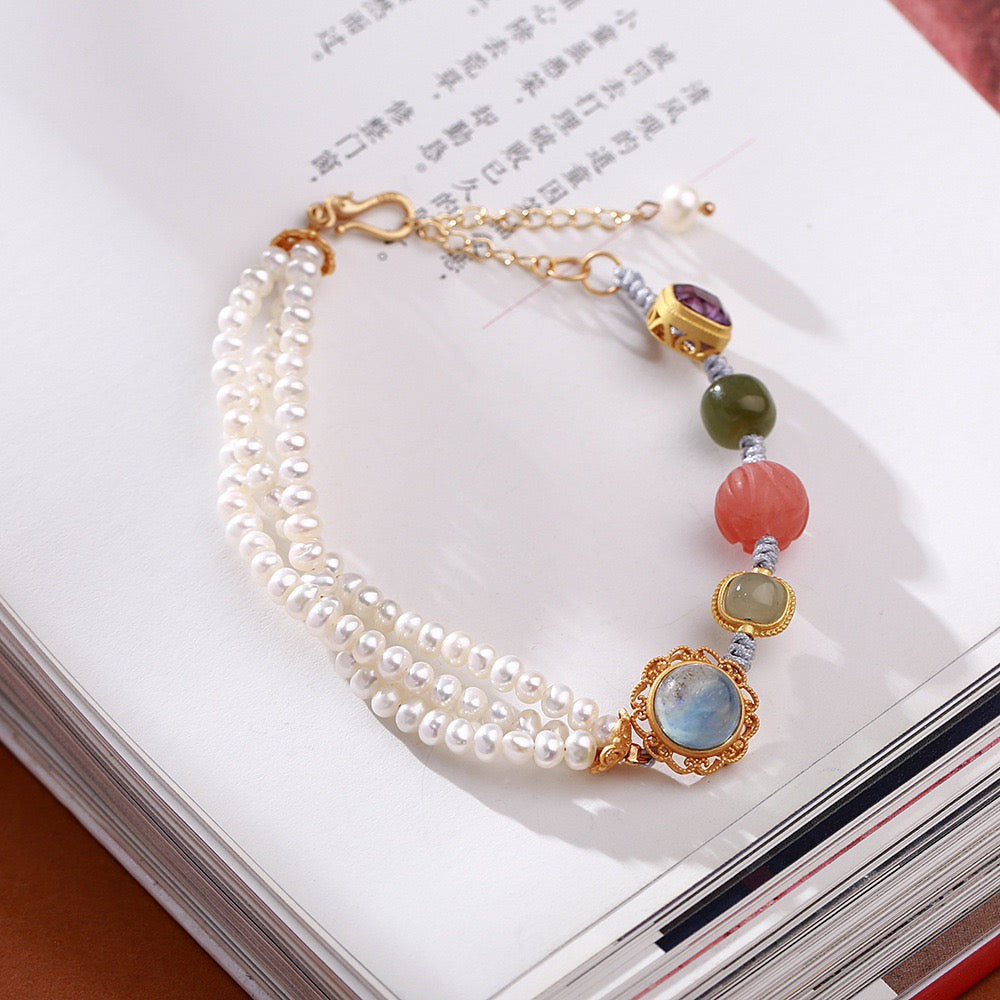 Multi-Gemstone Braided Bracelet | Freshwater Pearl, Aquamarine & Hetian Jade