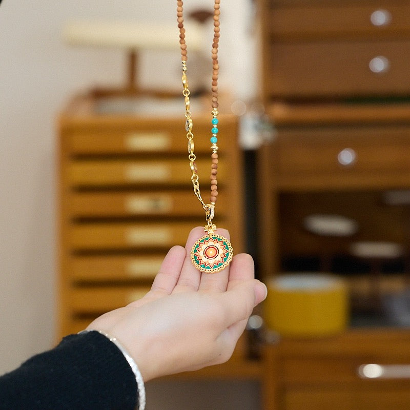 Handcrafted Sandalwood & Hetian Jade Mandala Necklace | Spiritual Thangka-Inspired Design