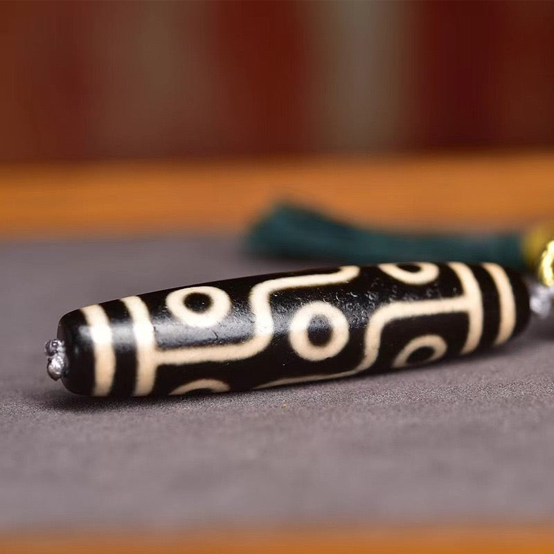 Nine-Eye Dzi Pendant Necklace – Natural Agate Tibetan Prayer Beads with Wealth Dzi, Bone & Turquoise