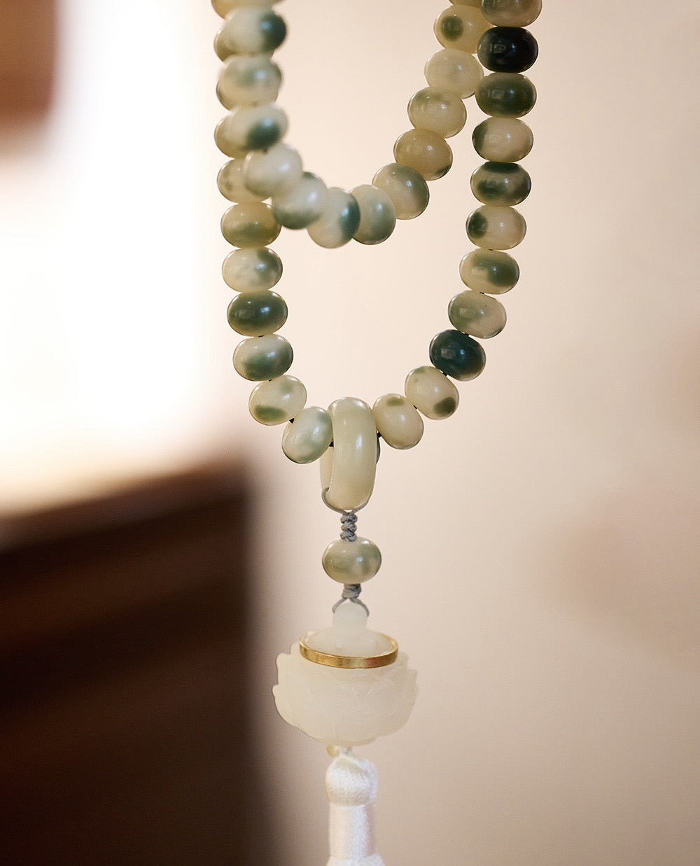108-Bead White Jade Bodhi Necklace | Floral Pattern & Luminous Stone Lotus Charm