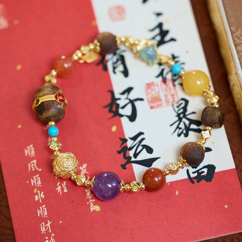 Multi-Gemstone Braided Bracelet | 925 Gold-Plated Silver, Amber, Turquoise & Carnelian