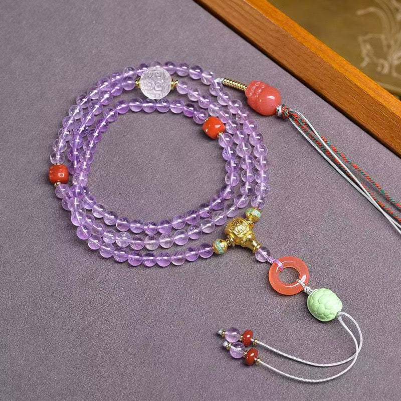 Natural 5.5mm Amethyst 108 Beads Necklace with Pixiu, Clear Quartz, Dzi & Turquoise