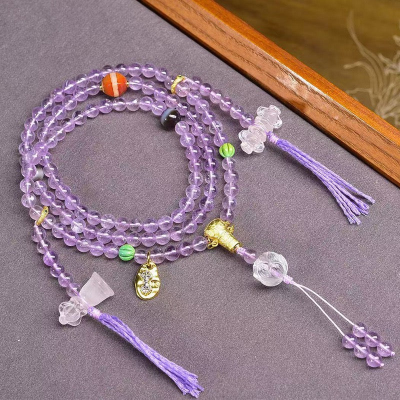 108-Bead Amethyst Tibetan Multi-Layer Bracelet | White Crystal & Turquoise Accents