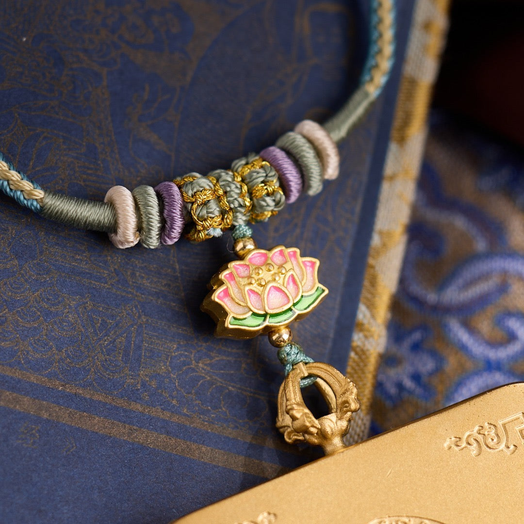 Titanium Frame Gemstone & Mineral Gold-Painted Thangka Necklace with Enamel Lotus (4x5mm, Handmade Cord)