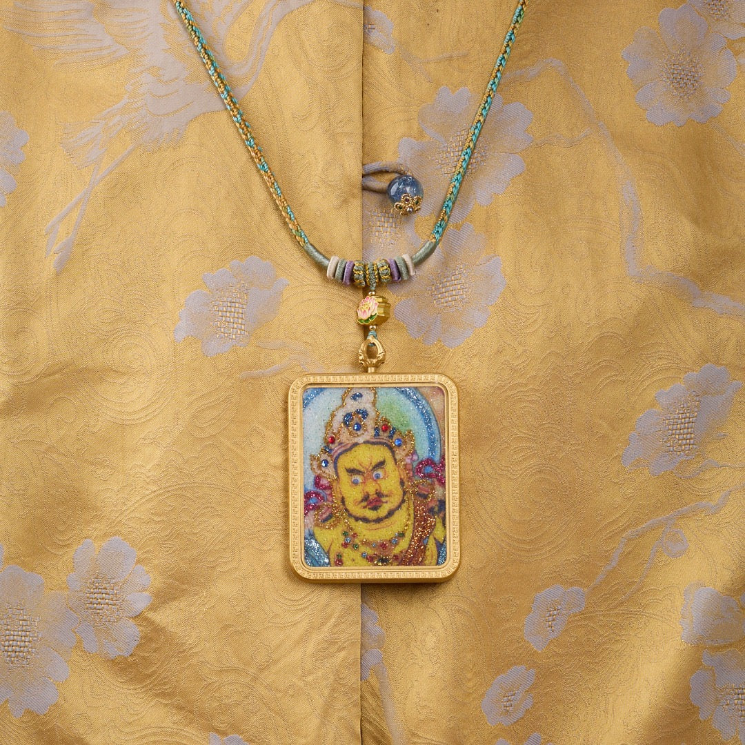 Titanium Frame Gemstone & Mineral Gold-Painted Thangka Necklace with Enamel Lotus (4x5mm, Handmade Cord)