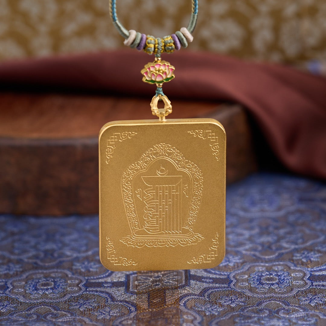 Titanium Frame Gemstone & Mineral Gold-Painted Thangka Necklace with Enamel Lotus (4x5mm, Handmade Cord)